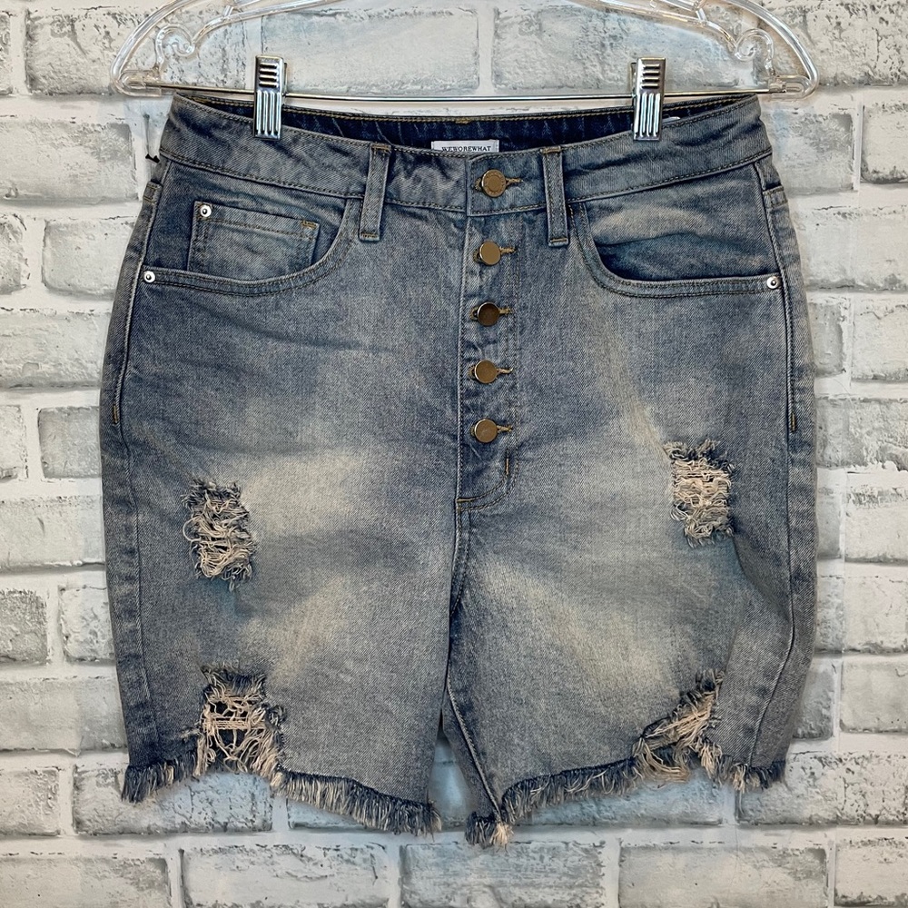 WeWoreWhat High Rise Stretch Denim Biker Button Fly Shorts 28